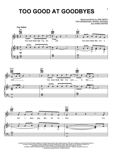 Too Good at Goodbyes Piano Sheet Music | OnlinePianist