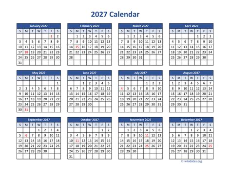 2027 Calendar in PDF | WikiDates.org