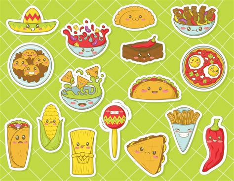 bundle of kawaii stickers with mexican food in cartoon doodle style ...