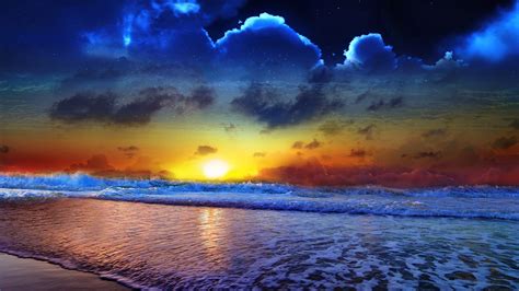 Seashore During Sunset Evening Under Cloudy Dark Sky HD Sunset Wallpapers | HD Wallpapers | ID ...