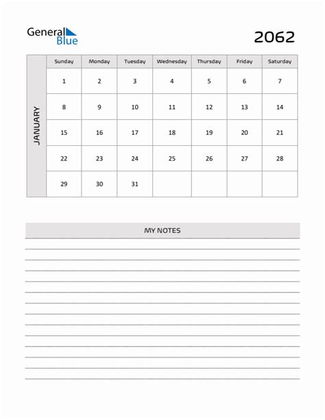 January 2062 Monthly Calendar (PDF, Word, Excel)