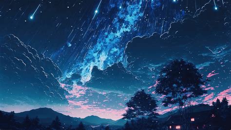 Starry Night Sky Clouds Anime Art 4K #90j Wallpaper PC Desktop