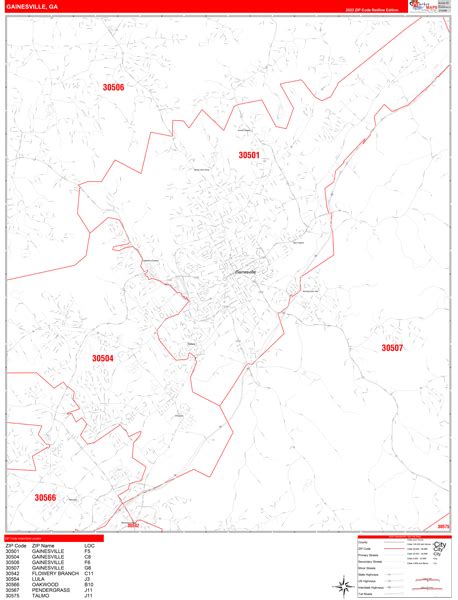 Gainesville Georgia Zip Code Wall Map (Red Line Style) by MarketMAPS - MapSales