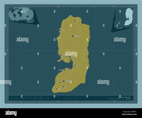 West Bank, region of Palestine. Solid color shape. Locations and names of major cities of the ...