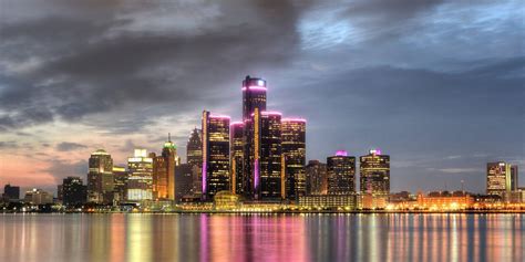 Download Detroit Renaissance Center Pink Lights Wallpaper | Wallpapers.com