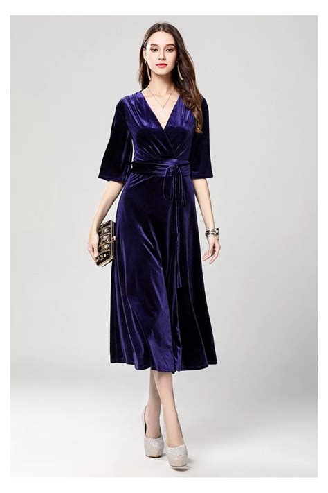 Purple Velvet Midi Party Dress With Half Sleeves - $79.9 #DK387 - SheProm.com