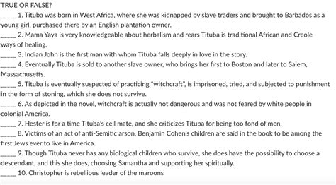 Solved TRUE OR FALSE? 1. Tituba was born in West Africa, | Chegg.com