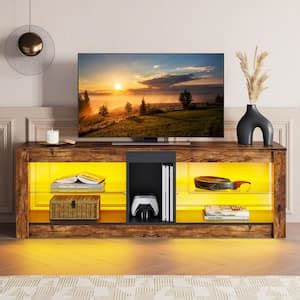 Bestier 55 in. White Marble TV Stand with LED Lights Entertainment Center with Glass Shelves ...