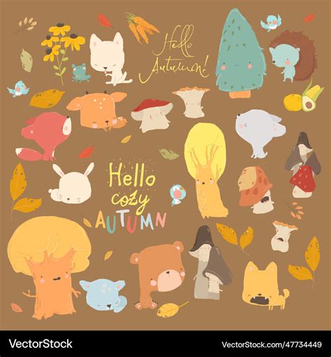 Cartoon autumn set with woodland animals and trees