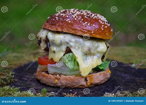 Hamburger with Melted Cheese Stock Image - Image of green, beef: 189129407