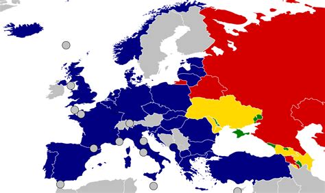 Current map of NATO and CSTO members in Europe. In yellow are neutral countries with territorial ...