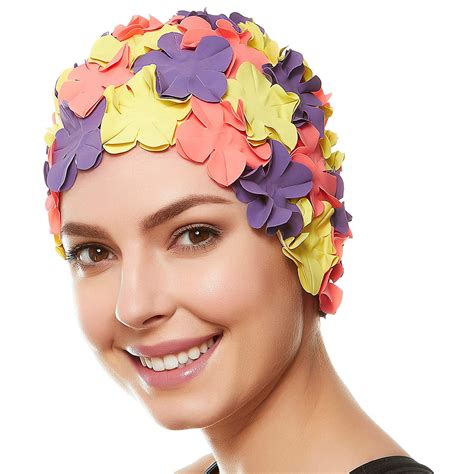 Beemo Floral Petal Swim Cap for Women – Retro Style Vintage Bathing Cap Swimming Hat for Long ...