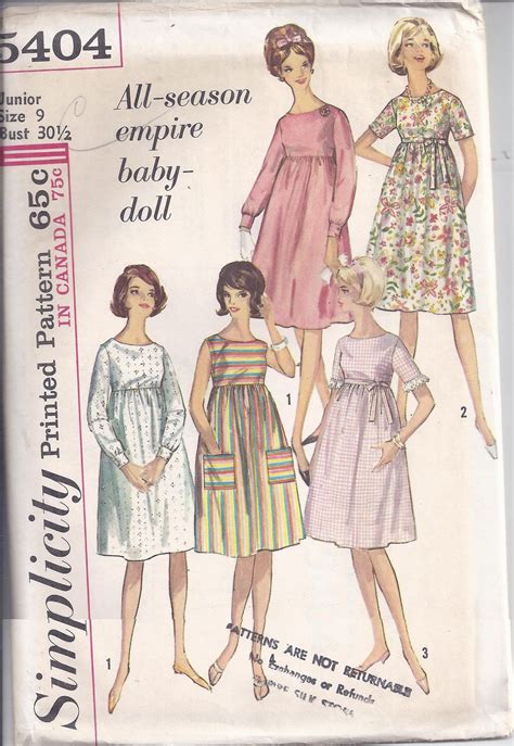 Simplicity Sewing Pattern 5404; ca. 1964. Misses Empire "Baby Doll" Dress. Bust 30 1/2, Size 9 ...