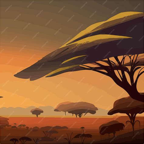 Premium Vector | Savannah with silhouettes animals and trees acacia and green grass at sunset ...