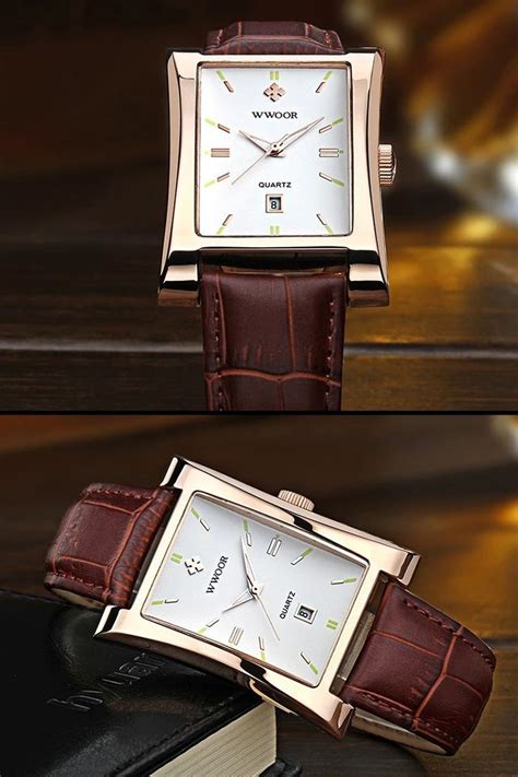 Men Classic Fashion Rectangle shape Gold Brown Leather Waterproof Wrist ...