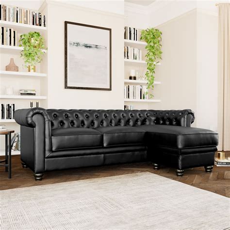 Hampton Chesterfield L-Shape Corner Sofa, Black Classic Faux Leather ...