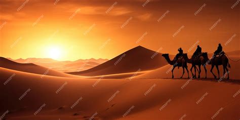 Premium AI Image | Camel caravan silhouette through the sand dunes in the Sahara Desert Morocco