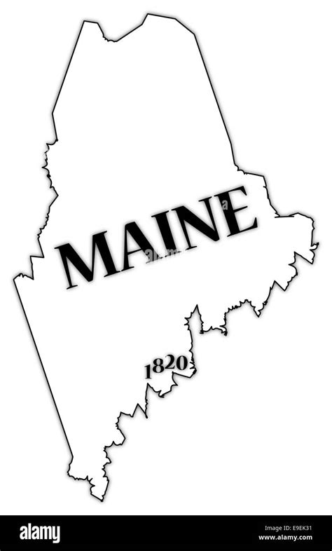 A Maine state outline with the date of statehood isolated on a white ...