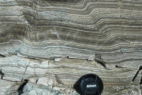 State Line outcrop - banded gypsum-calciterocks of the Castile Formation (uppermost Upper ...