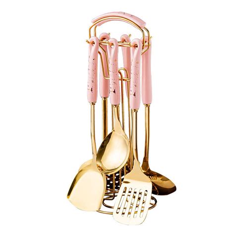 Paris Hilton 304 Gold Stainless Steel 7Pcs Kitchenware & Scoop Utensils Holder, Includes Metal ...