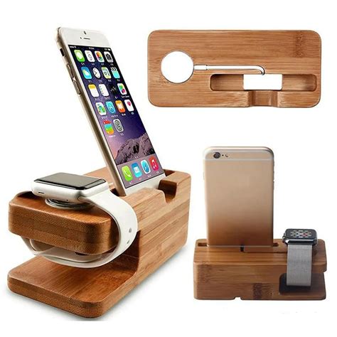 Multi functional 2 in 1 Charging Dock Stand Station Watch Phone Charger Wooden Holder Space ...