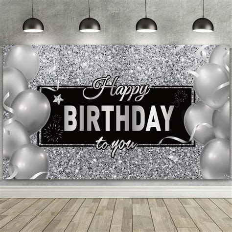 Buy Silver Happy Birthday Banner Backdrop Black White Balloons Black and Silver Birthday Party ...