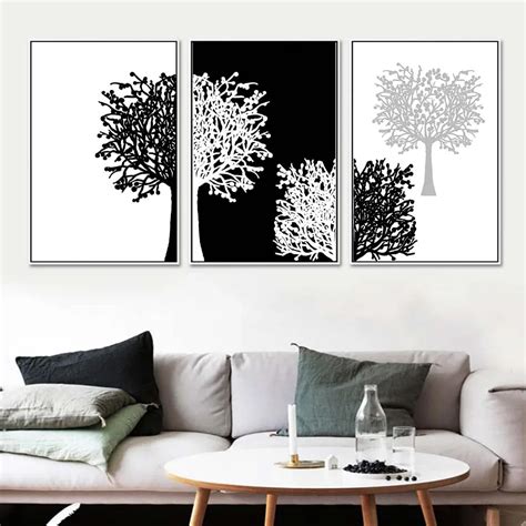 3 Piece Modern Minimalist Black White Panels Trees Canvas Painting Wall Art Decor Poster And ...