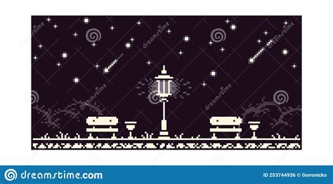 Simple Vector 1-bit Pixel Art Illustration of Romantic and Calm Night Park with a Lamppost and ...