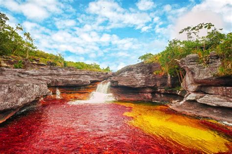 river, Waterfall, Colombia, Cliff, Clouds, Water, Red, Shrubs, Yellow, White, Green, Blue ...