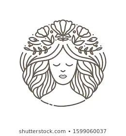 a woman's face with long hair and flowers in her hair line art design