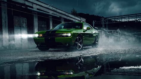 Green Dodge Challenger SRT In The Rain Live Wallpaper - WallpaperWaifu