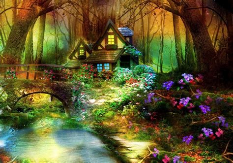 Designgoodshop1 Green Enchanted Magic Fairy Woodland Forest Bridge River Village Flower Garden ...