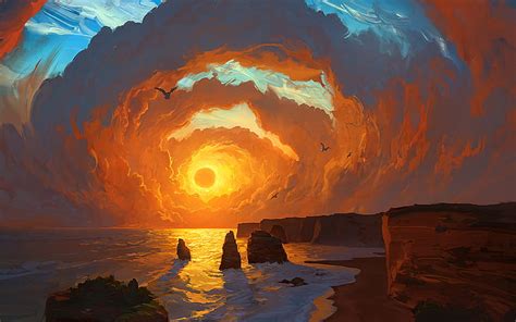 HD wallpaper: landscape, sea, sunset, clouds, painting, artwork, digital art | Wallpaper Flare