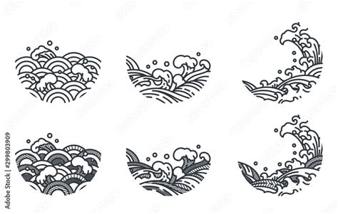 Oriental ocean wave line art vector illustration traditional style ...