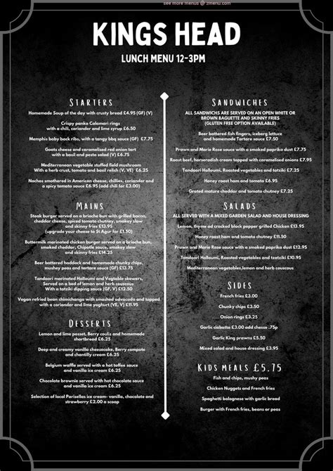 Menu at Kings Head pub & bar, Llandudno