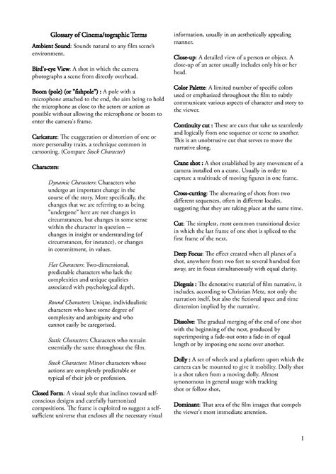 FA 341 - Glossary of Film Terms - Glossary of Cinema/tographic Terms ...