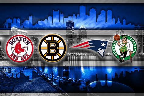 Boston Sports Teams In Front 2 Of Skyline Poster, New England Patriots, Boston Celtics, Bruins ...