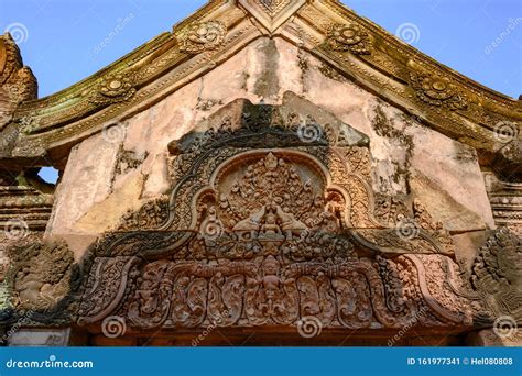 Decoration on Roof of Temple Banteay Srei, Cambodia. Carvings from Hindu Mythology on Walls ...