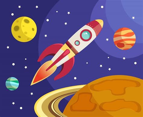 Space rocket ship flying in space with planets and stars vector illustration | Free Vector