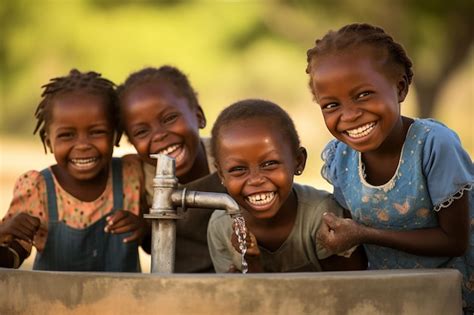 Premium Photo | Group of happy African children drinking water from a ...