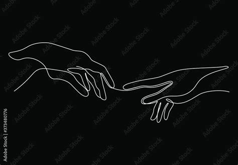 Continuous one line drawing of two hands barely touching each other. Black and white simple ...