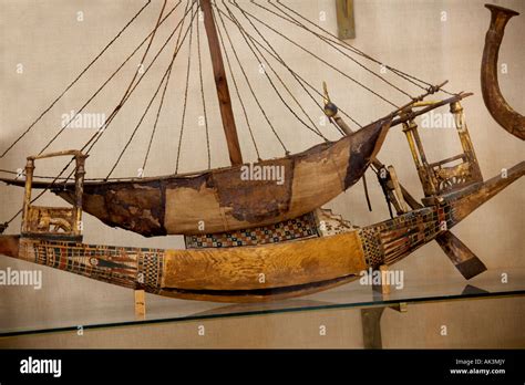 Ancient Egyptian ship or boat artifact from tomb of Pharaoh King Tutankhamun on display at the ...