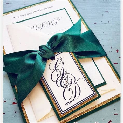 GOLD glitter & Emerald Green Personalised Wedding Invitations with RSVP ...