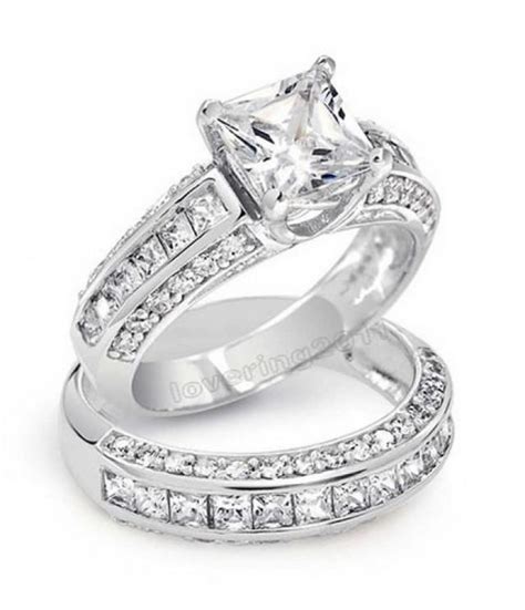 3.62ct Princess Cut Wedding Ring Set Engagement Ring Wedding Band Diamond Simulated CZ 925 ...