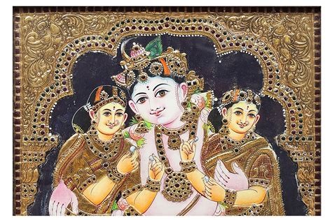 Lord Krishna With Rukmini and Satyabhama Tanjore Painting - Etsy