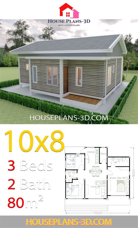 House Plans 10x8 with 3 Bedrooms Gable Roof - House Plans 3D