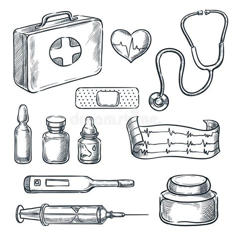 First aid kit sketch illustration. Medicine and healthcare hand drawn icons and design elements ...