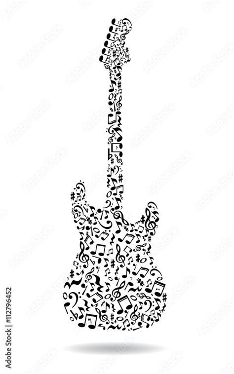 Music notes guitar. Electric guitar made of music notes. Black notes pattern. Black and white ...