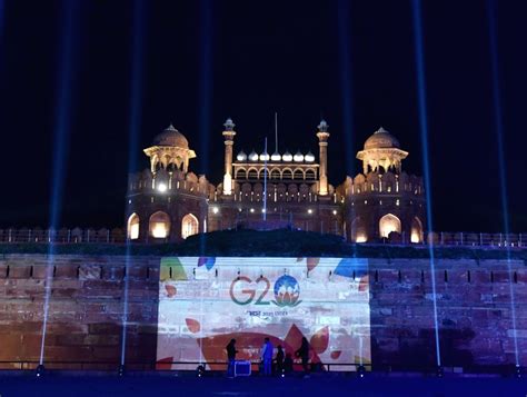 :New Delhi:The logo of G20 summit 2023 to be held in India display on Red Fort.