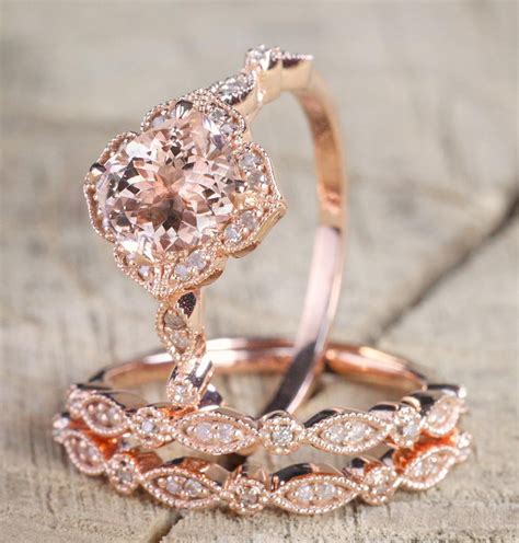 2.25 carat Morganite Diamond Trio Wedding Bridal Ring Set in 10k Rose Gold with Engagement Ring ...